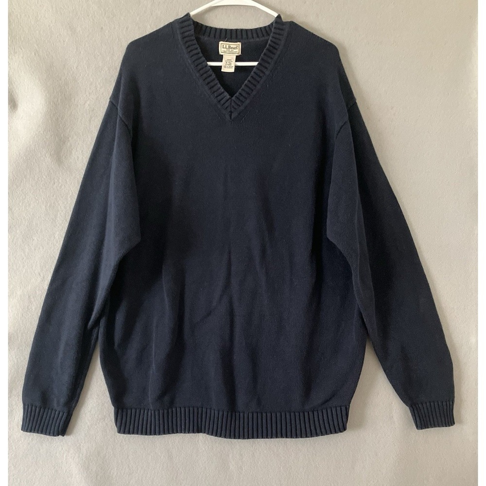 LL Bean 100% Cotton  Navy V Neck Knit Pullover Sweater Men's XL Tall